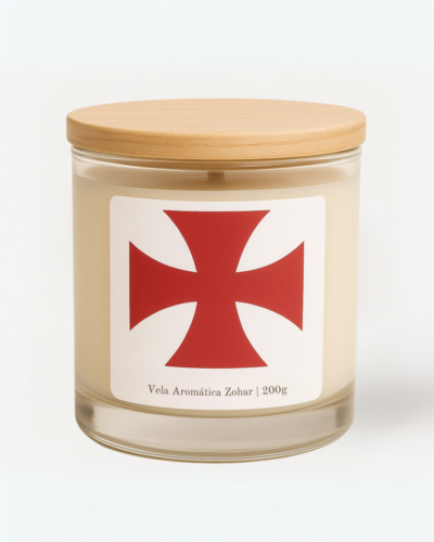 Vela Aromática Templária Sanctum Ignis da Zohar em vidro com tampa de madeira, 200g, com uma cruz de malta estampada no rótulo.