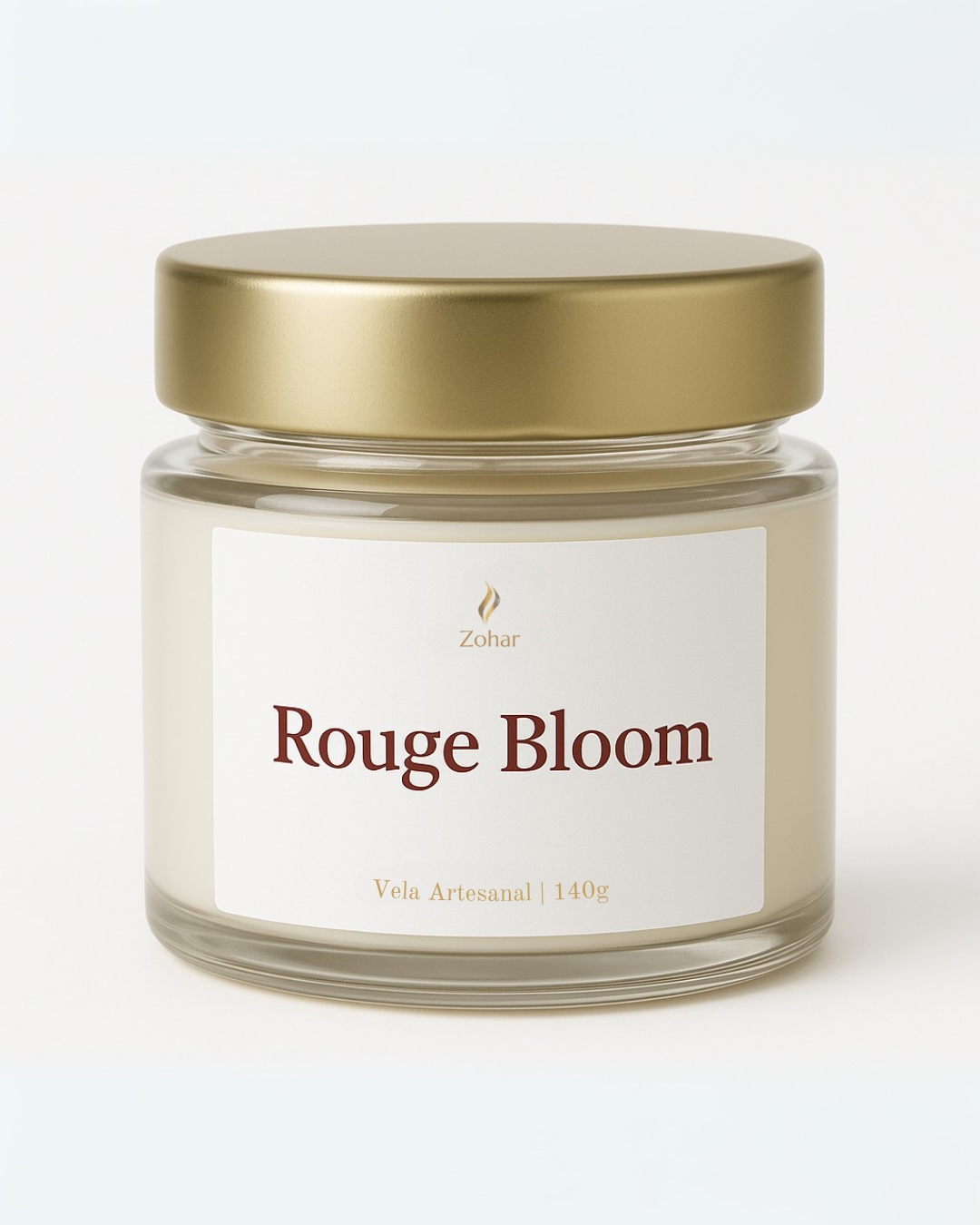 Vela Aromática Rouge Bloom da Zohar em vidro com tampa dourada, 140g