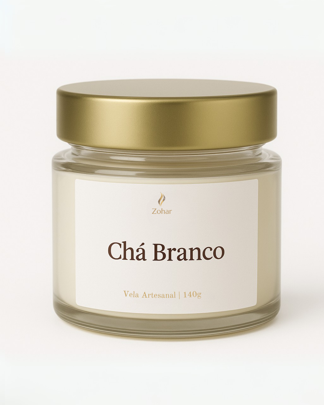 Vela Aromática Chá Branco da Zohar em vidro com tampa dourada, 140g